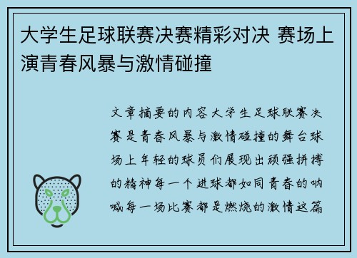 大学生足球联赛决赛精彩对决 赛场上演青春风暴与激情碰撞